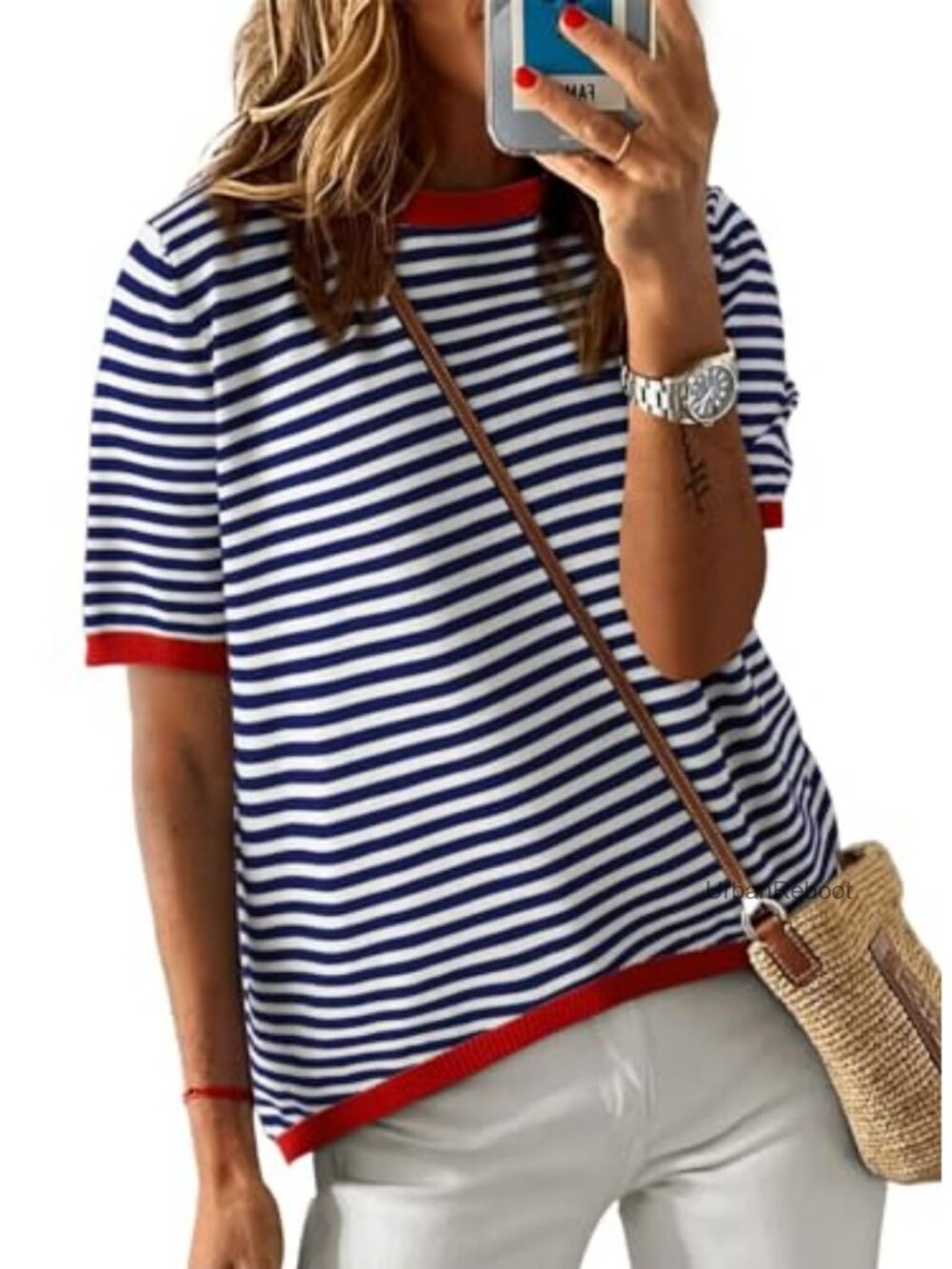 Womens Knit High Low Short Sleeve Striped Color Block Pullover Top